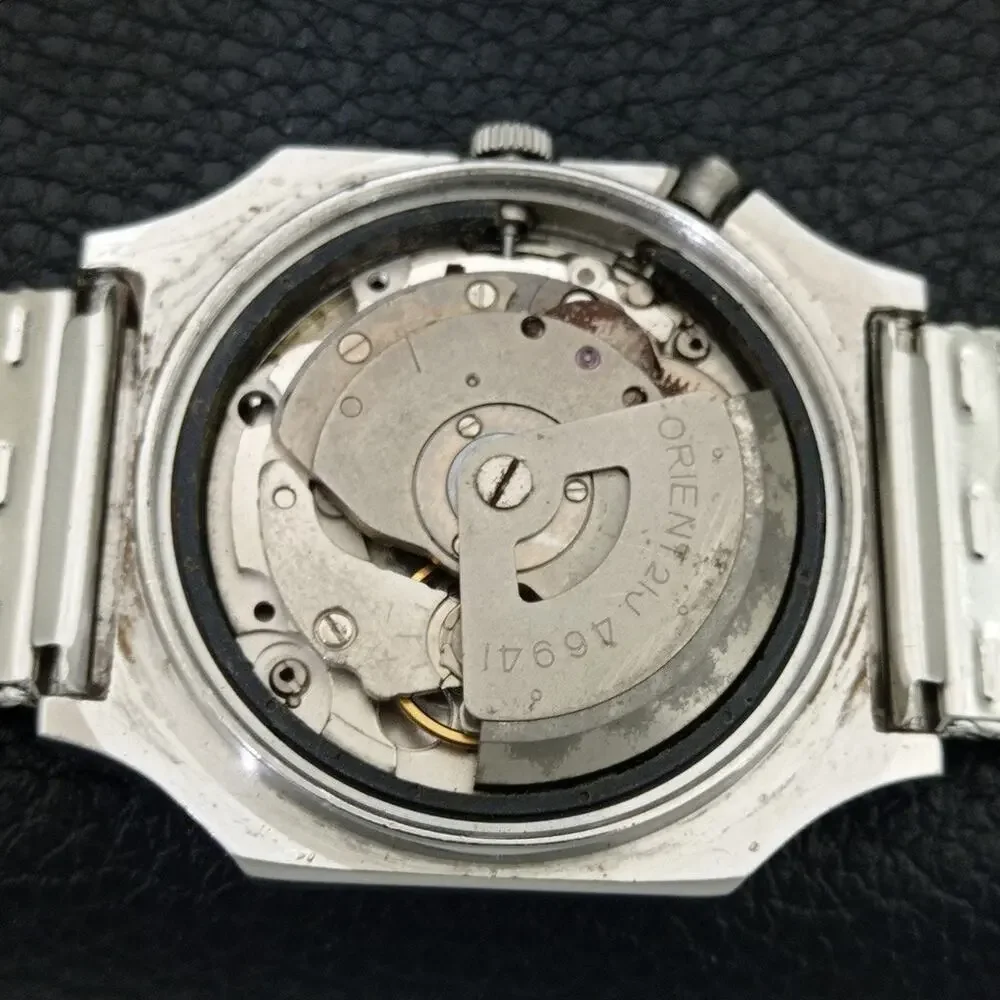 Vintage 1990 Square Orient Automatic Mens Silver Watch W/daydate & Blue accents